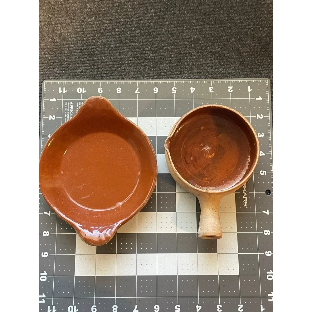 LPV Vallauris France Terracotta Glazed Handled Ramekin and Leaf Saucer Set